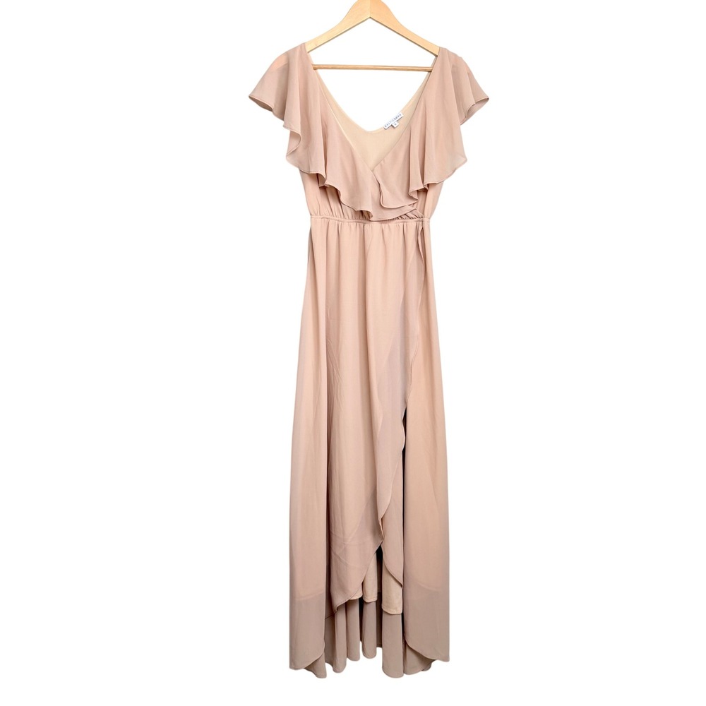 Baltic Born Women Small Champagne Ruffle Faux Wrap Maxi Dress Flutter Sleeve